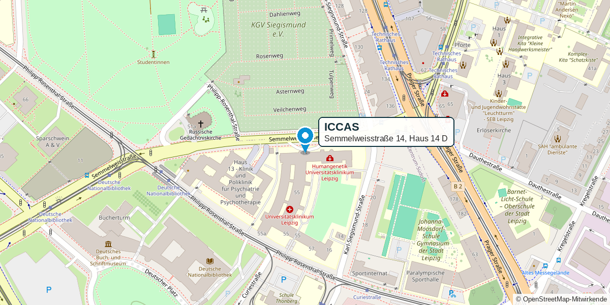 Lageplan ICCAS Kartenausschnitt: Das ICCAS (blaue Markierung) liegt an der Semmelweisstraße 14, Haus 14 D, auf dem Gelände des Universitätsklinikums zwischen Prager Straße und Philipp-Rosenthal-Straße, gegenüber der Russischen Gedächtniskirche.